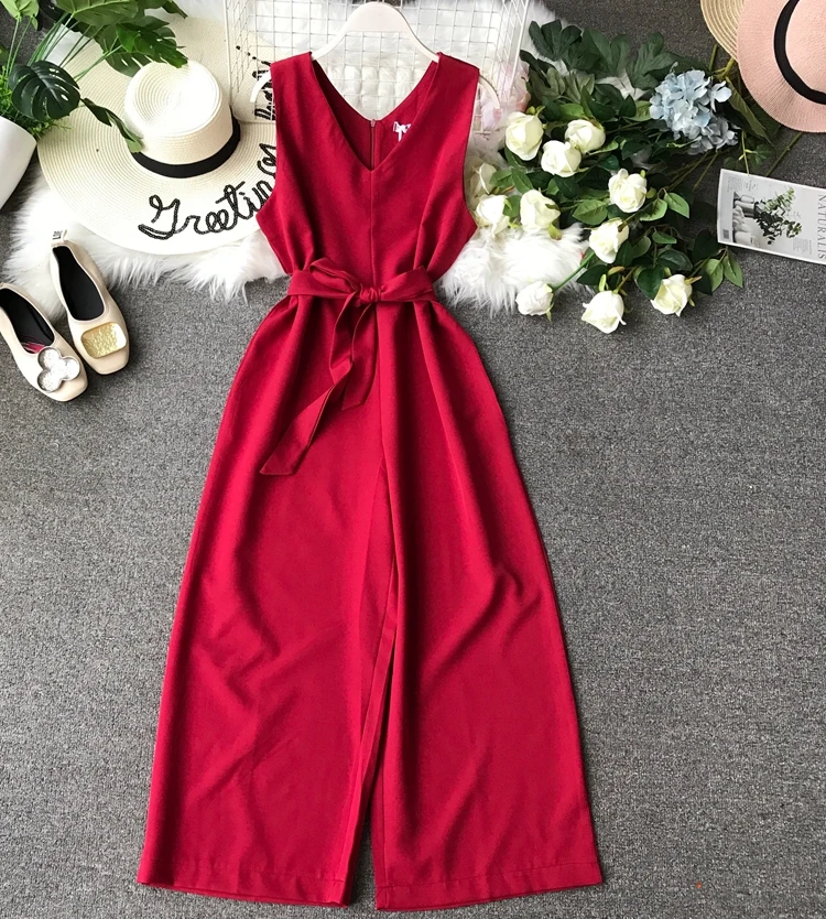 ALPHALMODA Летние Женские однотонные КОМБИНЕЗОНЫ длиной до середины икры с v-образным вырезом и широкими штанинами, женские повседневные летние комбинезоны