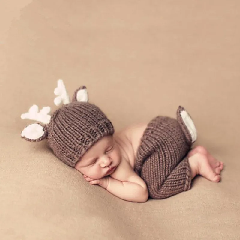 Newborn Photography Clothing Cute Deer Crochet Hat+Pants 2Pcs/set Studio Baby Photo Prop Accessories Infant Shoot Knit Costume
