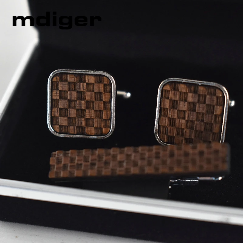 Mdiger деревянные Запонки + набор зажимов для галстука мужчин клетчатая рубашка