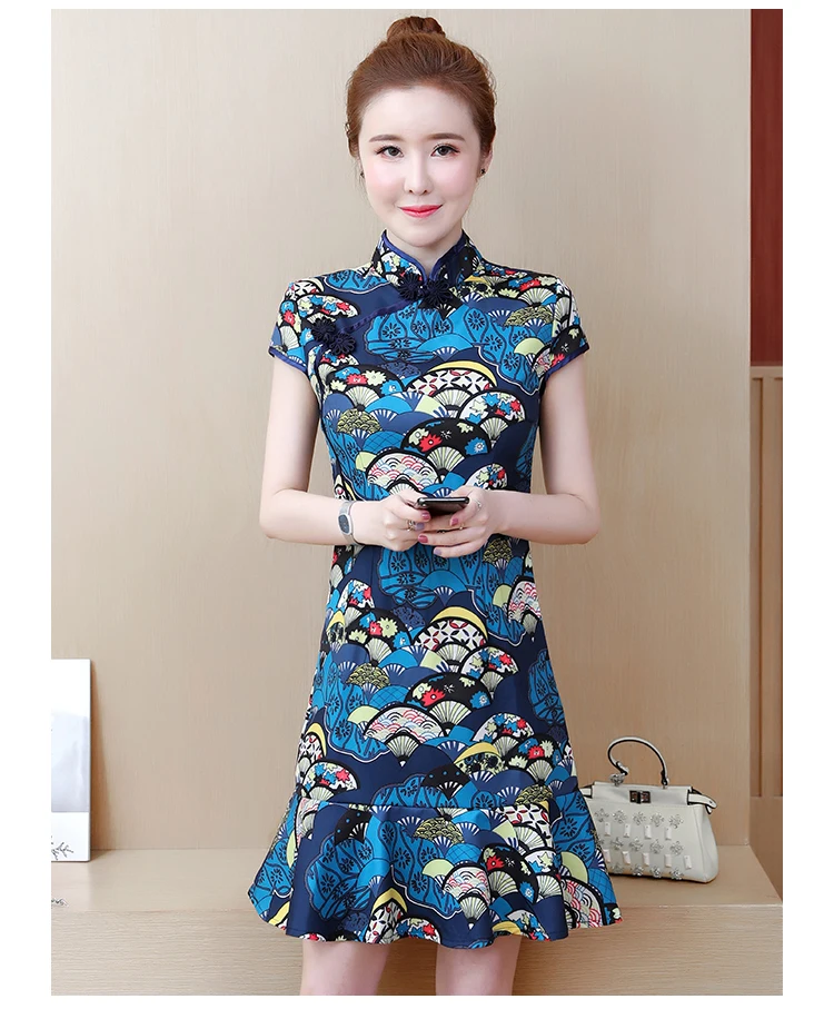 Женское летнее винтажное платье cheongsam с цветочным принтом большого размера плюс L-5XL XXL XXXL 3XL XXXXL 4XL тонкое повседневное вечернее платье
