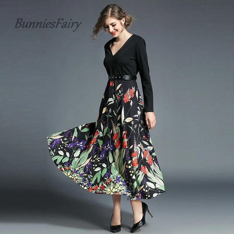 BunniesFairy/2018 весеннее женское элегантное модное платье миди с цветочным принтом и