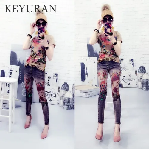 Джинсы женские Стрейчевые с 3D принтом узкие брюки скинни павлина и цветов
