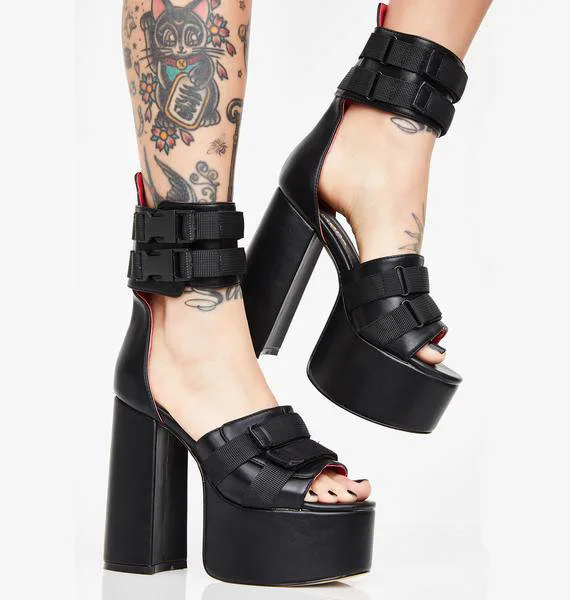 Cheap Price Red Black Leather Women Square Heels Sandals Big Ankle Strap Thick Platform Summer Shoes Chunky | Обувь