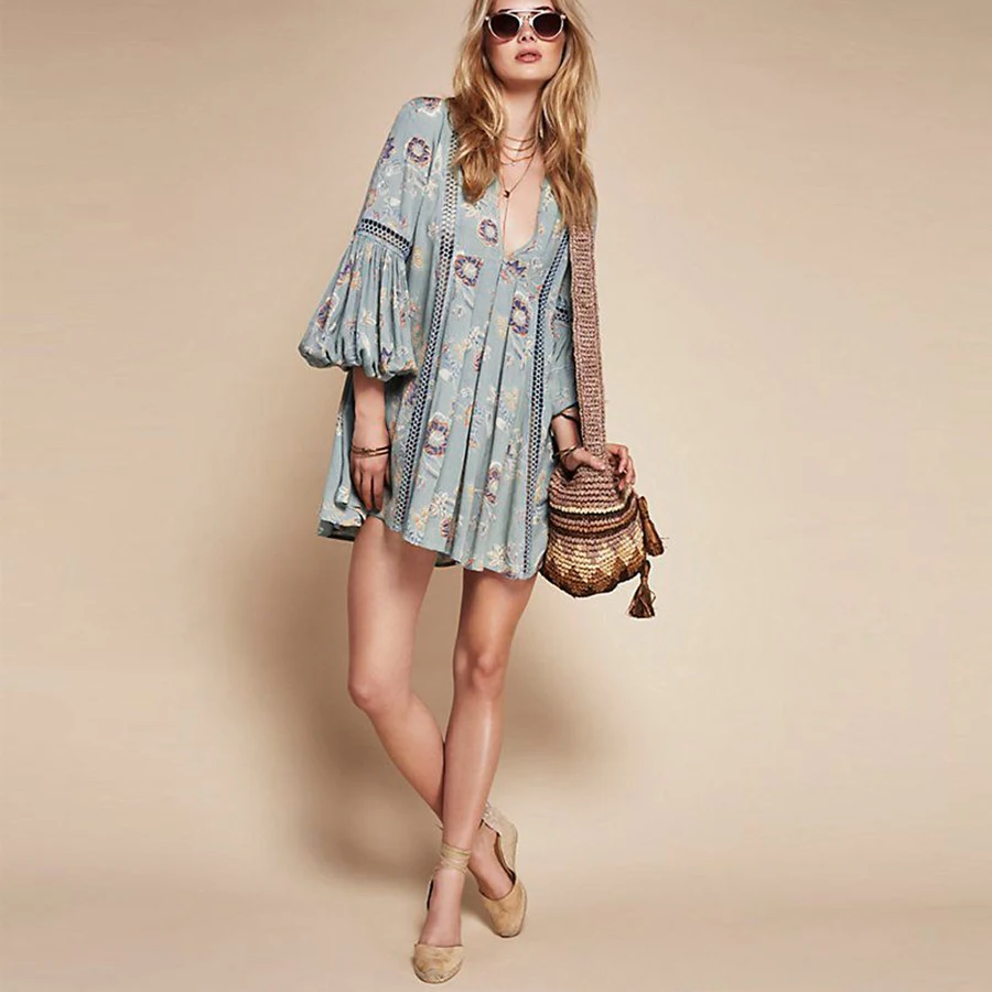 Мини-платье Boho 2018 Новый Урожай Цветочные печати Короткие платья v-образным