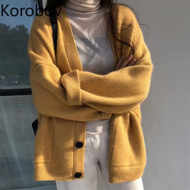 Korobov, новинка, кардиган, однобортный, v-образный вырез, корейский стиль, однотонный, свитера, Ретро стиль, большие размеры, Sueter Mujer, джемпер, Femme 78267