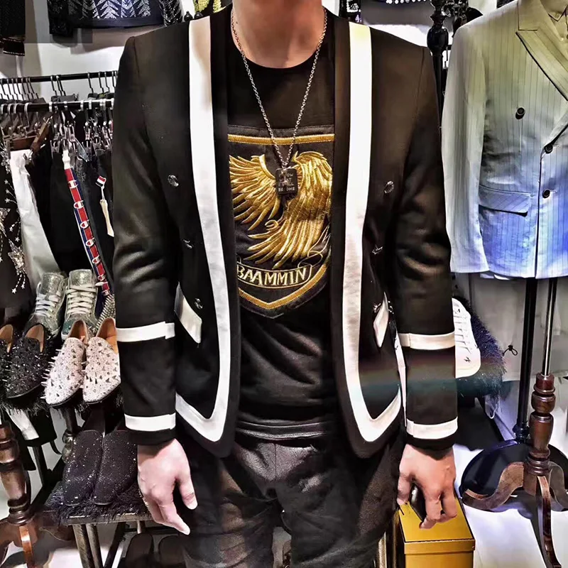 

2019 Black and white contrast casual slim suit fashion hairstylist coat S-XXL! Plus-size singer's costume