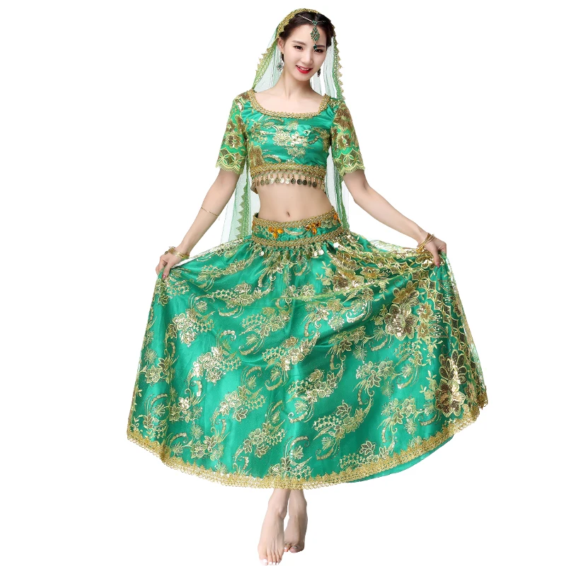 

Indian Professional Belly Dancing Costumes 4PCS Top+Skirt+Blet+Sari Women Belly Dance Outfits Organza Embroidered Coins Bollywoo