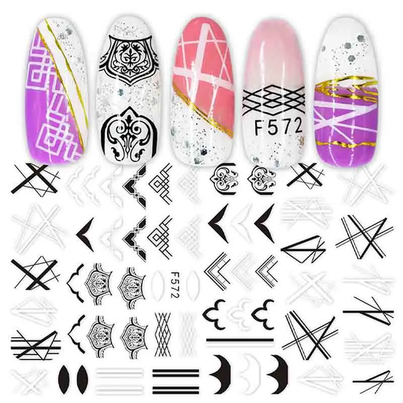 F572 1 шт., 3D наклейки для ногтей, слайдеры, черно-белые наклейки, растительная лоза, ювелирные изделия, ожерелье, тропические листья папоротника, геометрические, маникюрные BEF564-573 - Цвет: F572