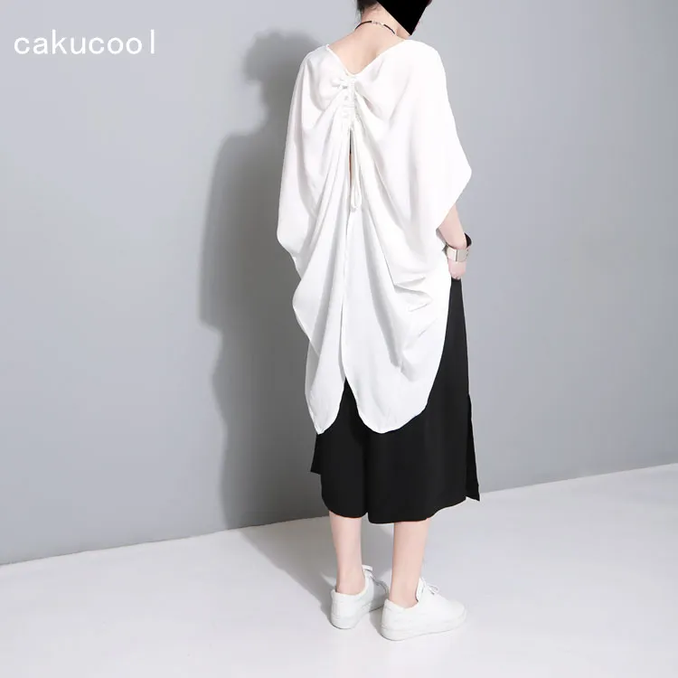 Cakucool Solid Black White Blouse Shirt Women Summer Short Batwing Sleeve Blusas Casual Asymmetric Loose Large Size | Женская одежда