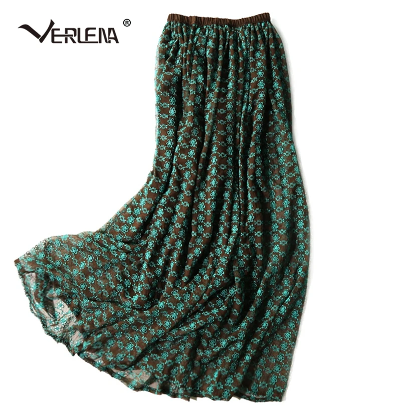 Женская юбка с цветочной вышивкой Boho трапециевидная из 95% шелка двухслойная