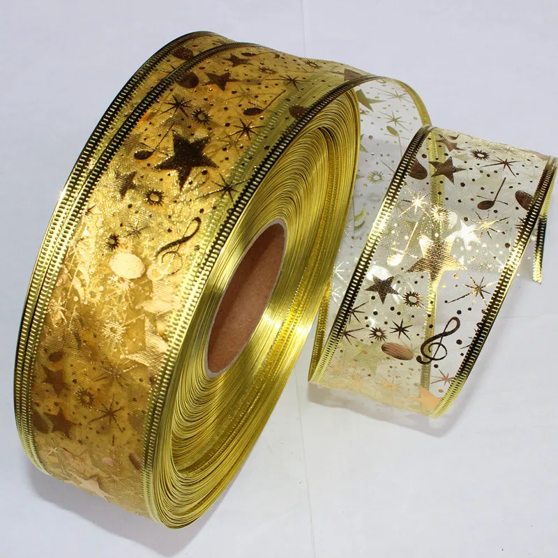 

100Yard 2 '' ( 5CM) Gold Wired Ribbon Gauze Ribbon Printing Star Christmas Tree Decoration Christmas Decoration,DIY Accessories