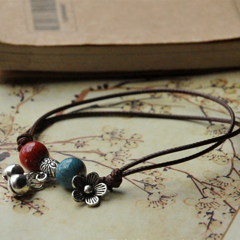Серебряный цветок браслеты керамические бусины колокол ножной браслет плетение