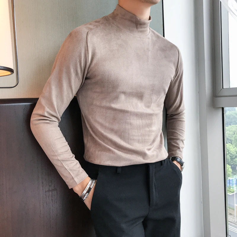 Brand New Men T-Shirt Fashion 2018 Autumn Winter Suede Warm T Shirts Mens Long Sleeve Slim Fit Half High Collar Tee Shirt Homme | Мужская
