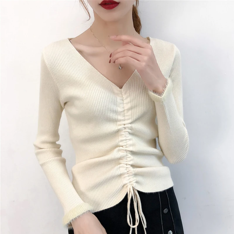 2018 Fall Fashion Sweater Women Korean Solid V-Neck Drawstring Knitted Casual Long Sleeve Pullover Tops Womens Clothes | Женская одежда