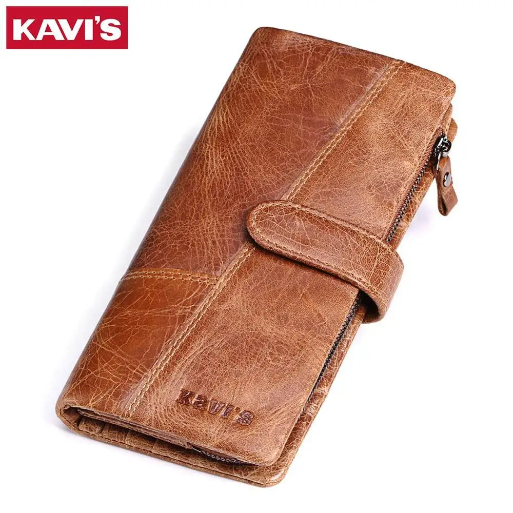 Brown L KAVIS, Новое поступление, кожаный бумажник Crazy Horse, мужской кошелек для монет, натуральная кожа, с портфолом, маленький Walet Portomonee и Rfid - Цвет: Brown L