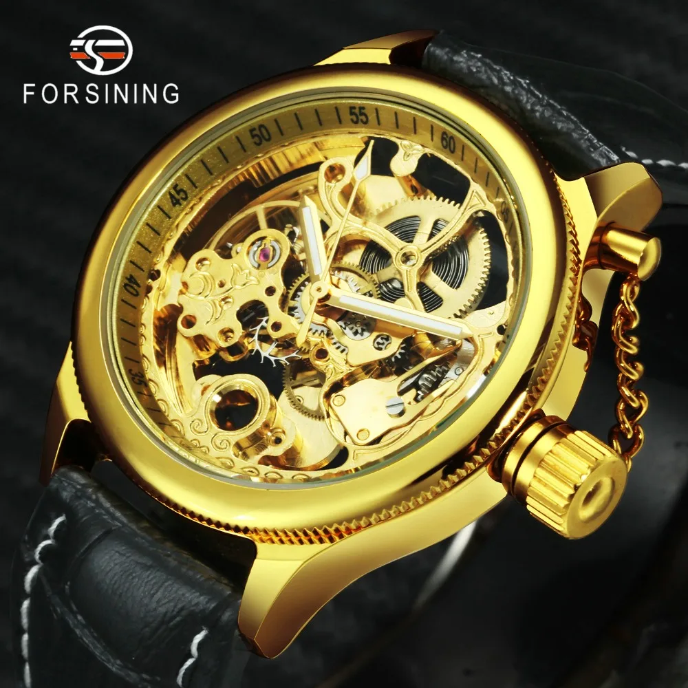 FORSINING Royal Auto Механические Мужские часы Топ бренд класса люкс черный кожаный