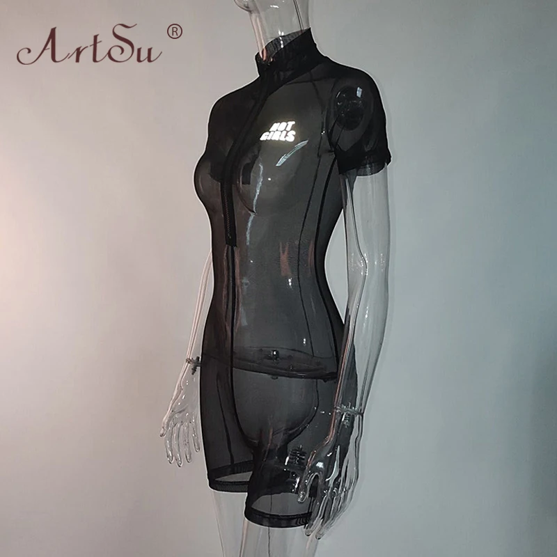 

ArtSu Reflective Letter Black Mesh Fitted Romper Women Sexy Playsuit See Through Zipper Bodycon Short Jumpsuit Summer Streetwear