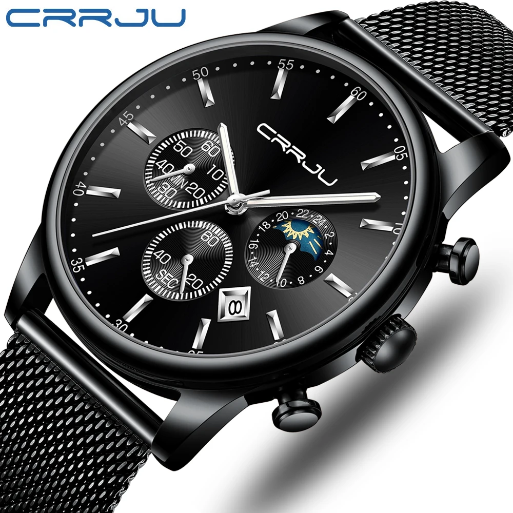 

Luxury Brand CRRJU 2019 Summer New Fashion Men Quartz Watch Multi-function Chronograph Waterproof Mesh Strap Wristwatch relogio