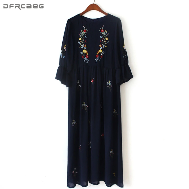 

Ethnic Style Vintage Boho Dresses Women Autumn Embroidery Flower Beach Dress Elastic Waist Long Dress Casual Chiffon Vestidos