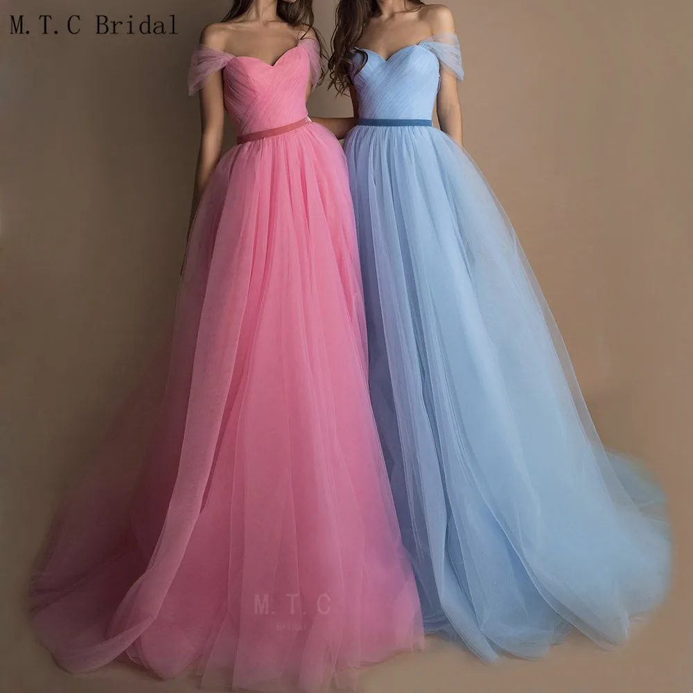 

Mint Blue Pleat Tulle Evening Dress Off The Shoulder A Line Long 2019 New Prom Gowns High Quality Sexy Special Occasion Dresses
