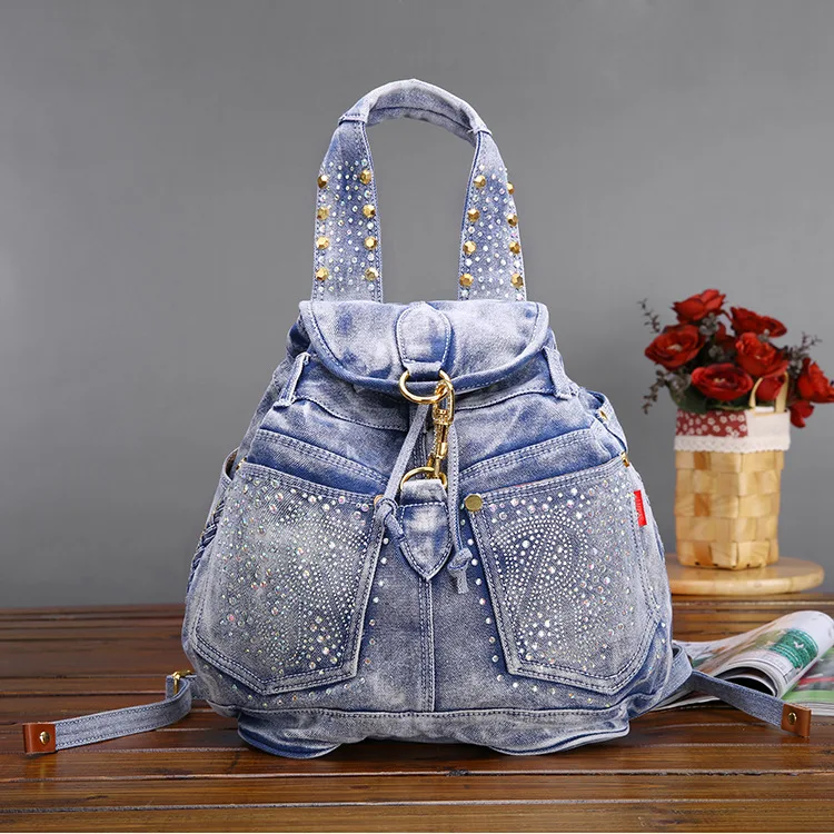 Винтаж модные Заклёпки Рюкзаки Для женщин Джинсовый Рюкзак Джинсы для