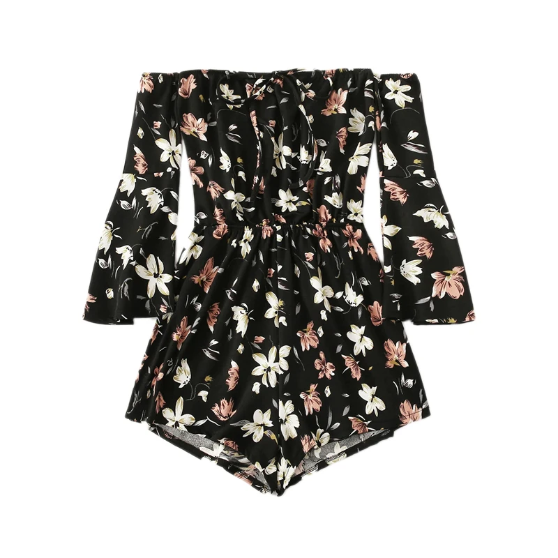 Dotfashion черный цветочный принт узел спереди с открытыми плечами женский комбинезон Весна Бохо длинный рукав широкие ноги цельный комбинезон