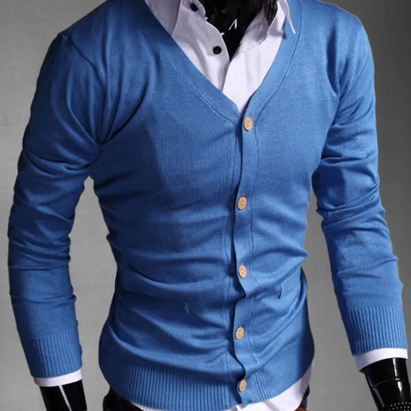 Royal Blue Осенний хлопковый свитер, мужской кардиган, повседневный однотонный вязаный мужской кардиган с длинным рукавом размера плюс, тонкий мужской свитер с v-образным вырезом 3XL - Цвет: Royal Blue