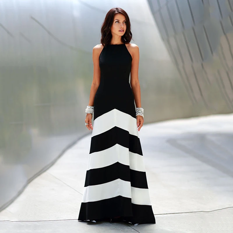 2018 Новый сезон: весна–лето Для женщин шею Мода Черный и белый Полосатое платье
