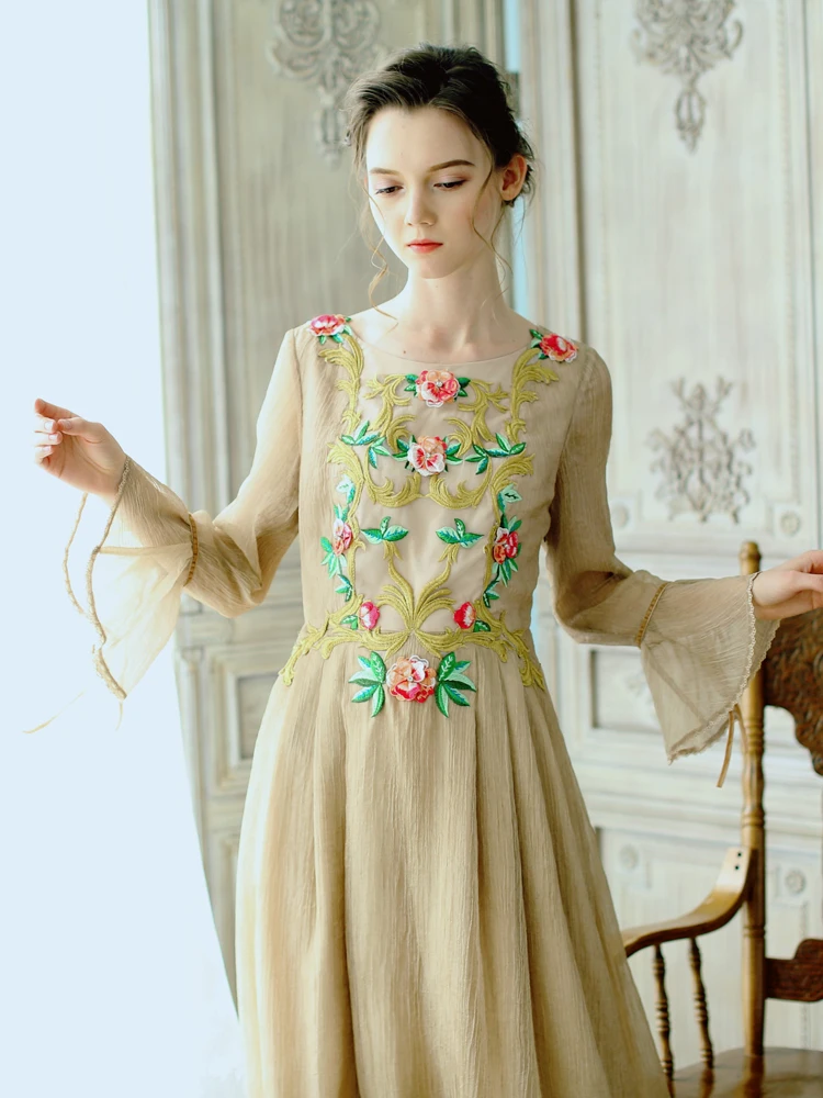 LYNETTE'S CHINOISERIE Spring Autumn Original Design Women Loose Victoria Vintage Mori Girls Embroidery Dresses