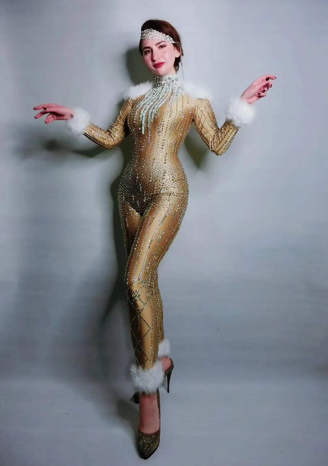 

Women Jazz Dance Feather Bodysuit Outfit Long Sleeves Rhinestones Gold Stretch Jumpsuit Evening Show One-piece Birthday Wear