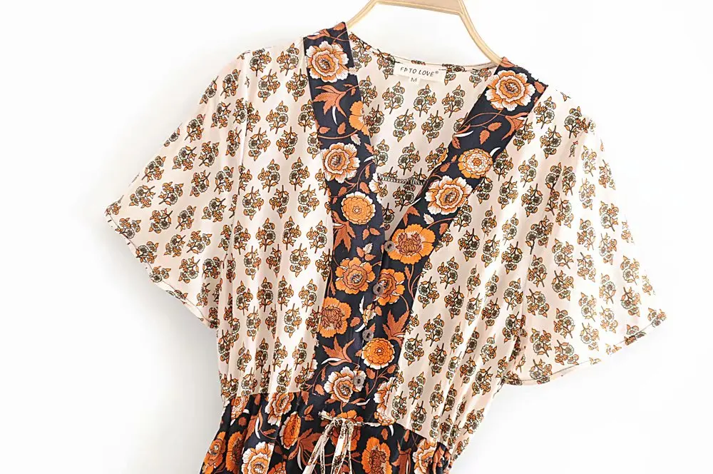 Женское длинное платье с v-образным вырезом и цветочным принтом в стиле пэчворк