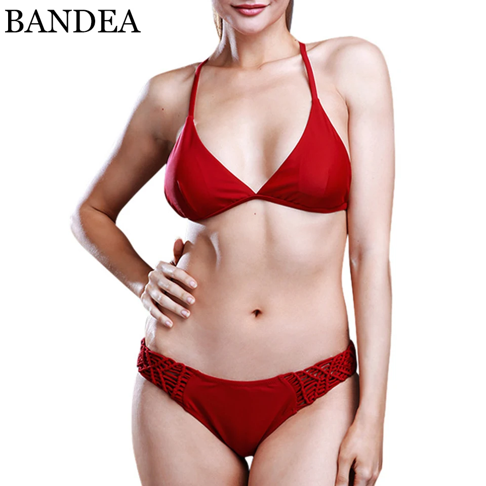 

BANDEA bikini brand 2019 new sexy swimwear thong bottom swimsuit solid vintage biquini crochet halter swimwear beach wear KM069