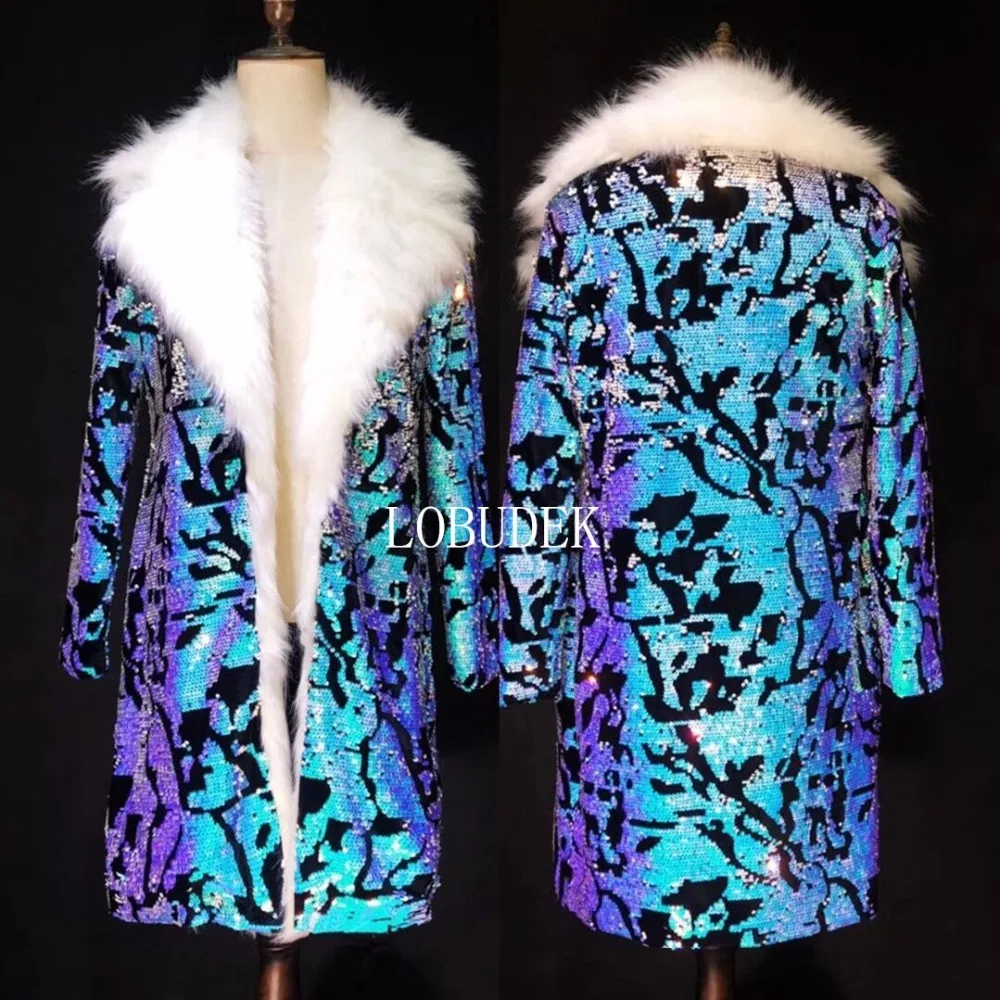 

Men's Star Singer Stage Purple Blue Sequins Faux Fur Long Coat Overcoat Nightclub Bar Concert Shining Sequined Outerwear Costume