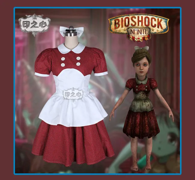 Аниме! BioShock Infinite маленькая сестра красный горошек платье горничной красивая форма косплей костюм на хэллоуин