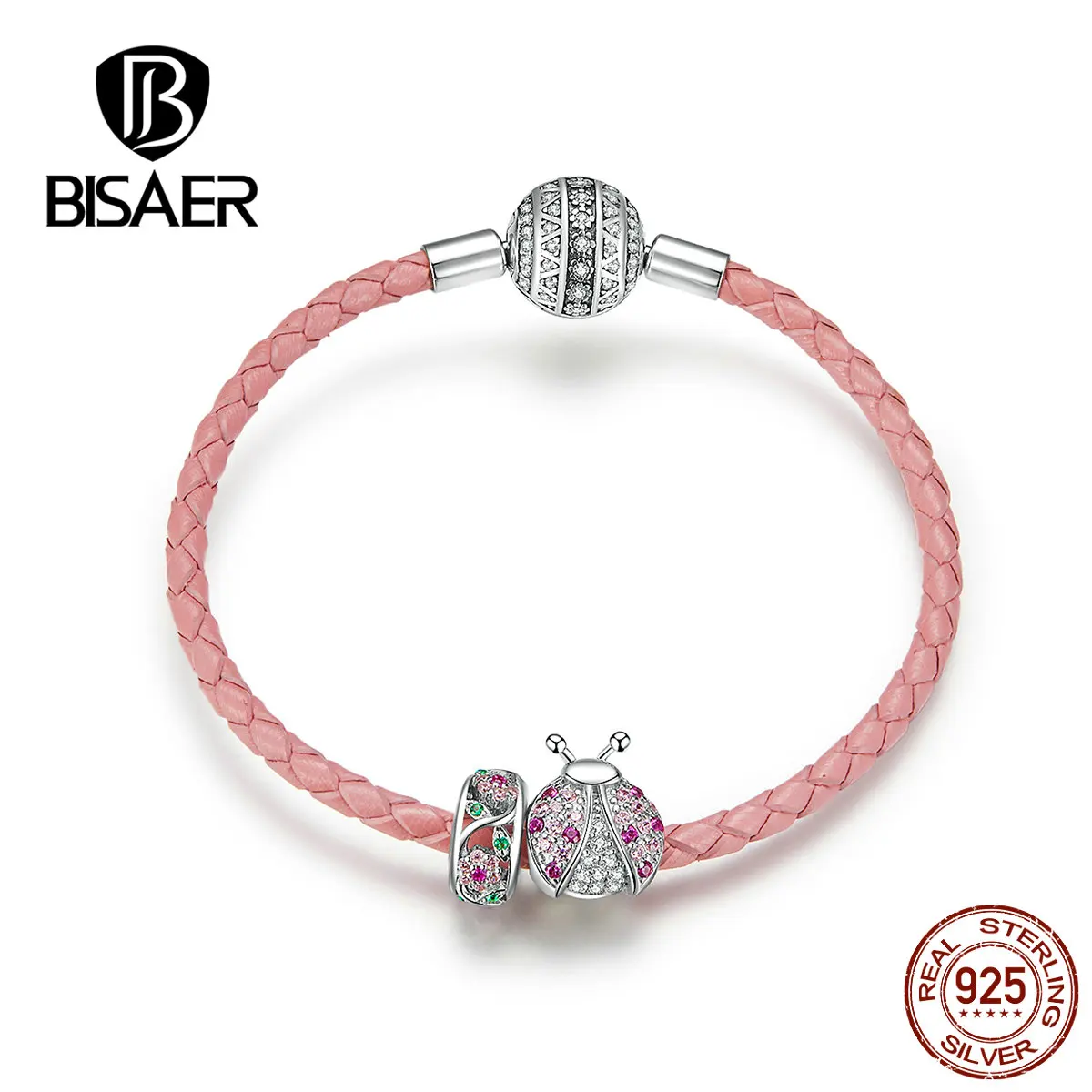 Женские браслеты BISAER, 925 пробы, серебряные, божья коровка, красная веревка, серебряные браслеты для женщин, ювелирные изделия из стерлингового серебра ECB823