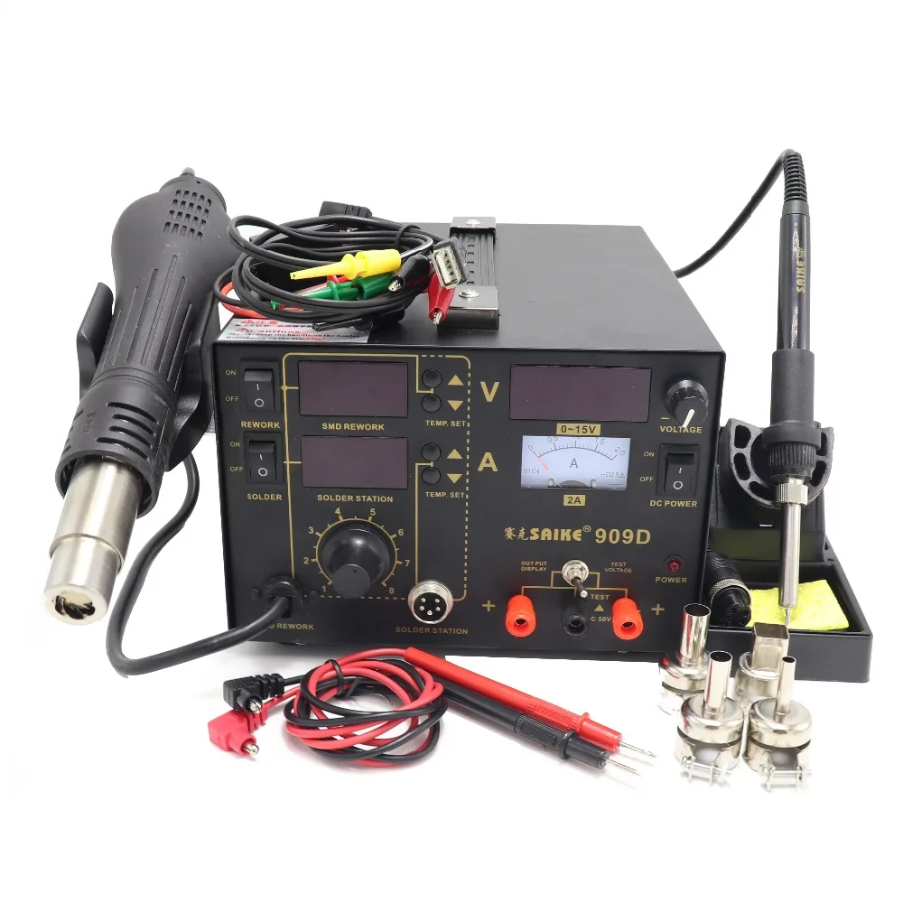 Saike 909D горячего воздуха пистолет паяльная станция с Регулируемый источник питания «Три в одном» многофункциональная паяльная станция 15V 2A