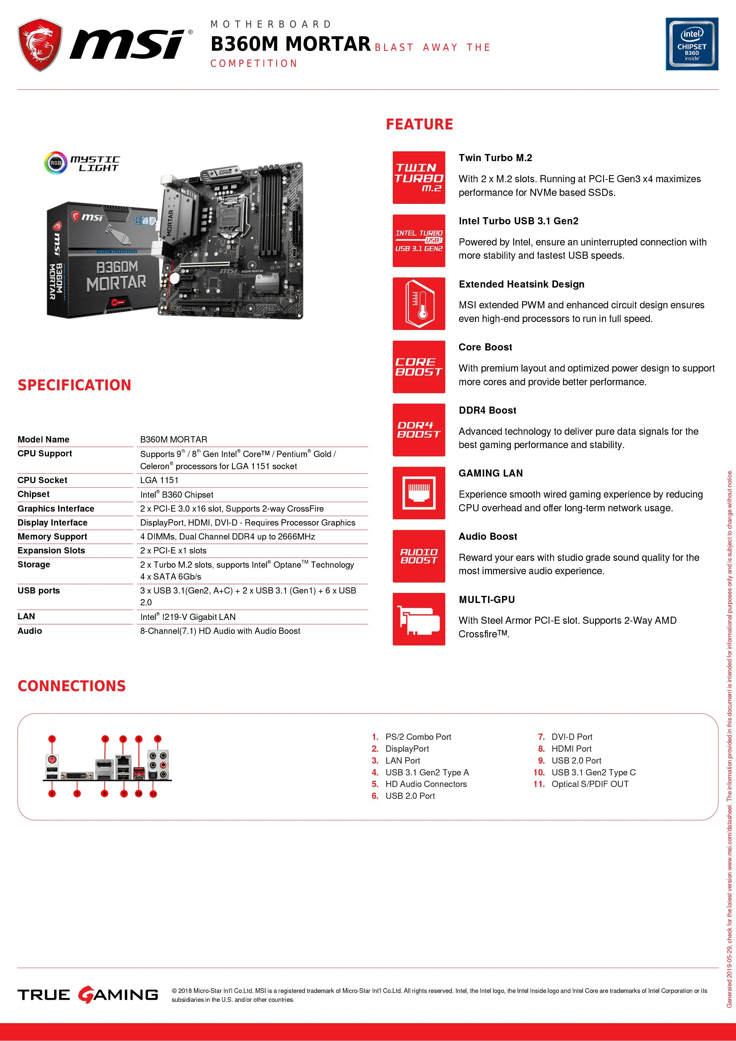 Материнская плата MSI B360M Ступка B360 LGA 1151 DDR4 4 DIMM слота PCI E GEN3 USB 3 1 M.2 SATA3 HDMI DVI CROSSFIRE M ATX