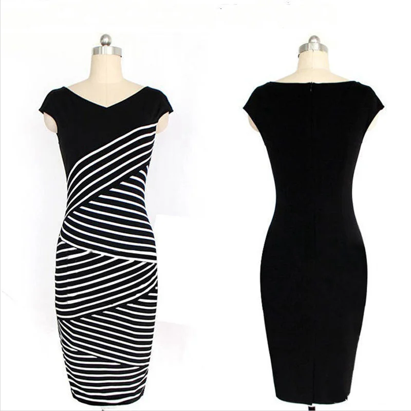 Черное облегающее платье в полоску с V-образным вырезом сексуальное