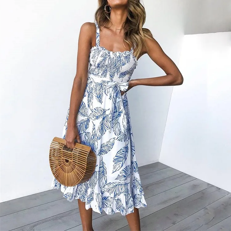Floral Blue VIEUNSTA, женский пляжный сарафан с открытыми плечами и рюшами,, туника с цветочным принтом, без рукавов, а-силуэт, летнее платье с поясом, миди, вечерние платья - Цвет: Floral Blue