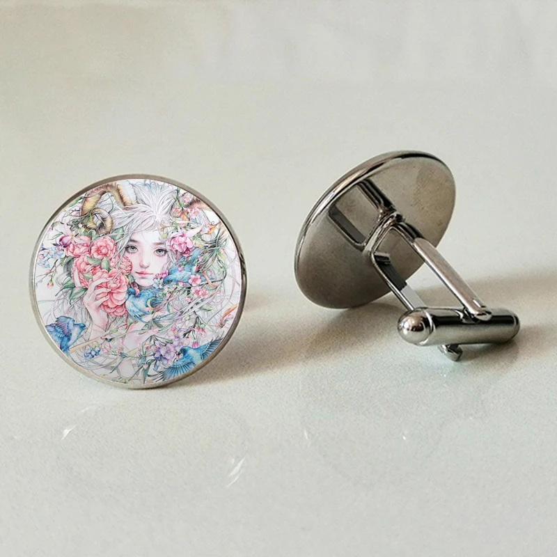 Watercolor art high quality glass cufflinks men's shirt jewelry watercolor convex round for gifts | Украшения и аксессуары