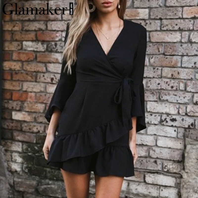 Женское платье кардиган Glamaker черное пляжное с длинным рукавом и рюшами на лето