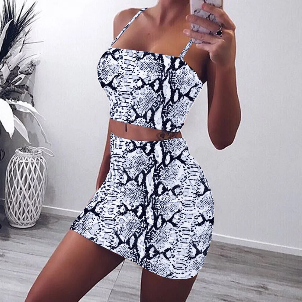 ANJAMANOR Leopard Snake Skin Print Sexy Two Piece Skirt Set Women Clothes 2019 Summer Short Matching Sets Club Outfits D32-AZ53 | Женская