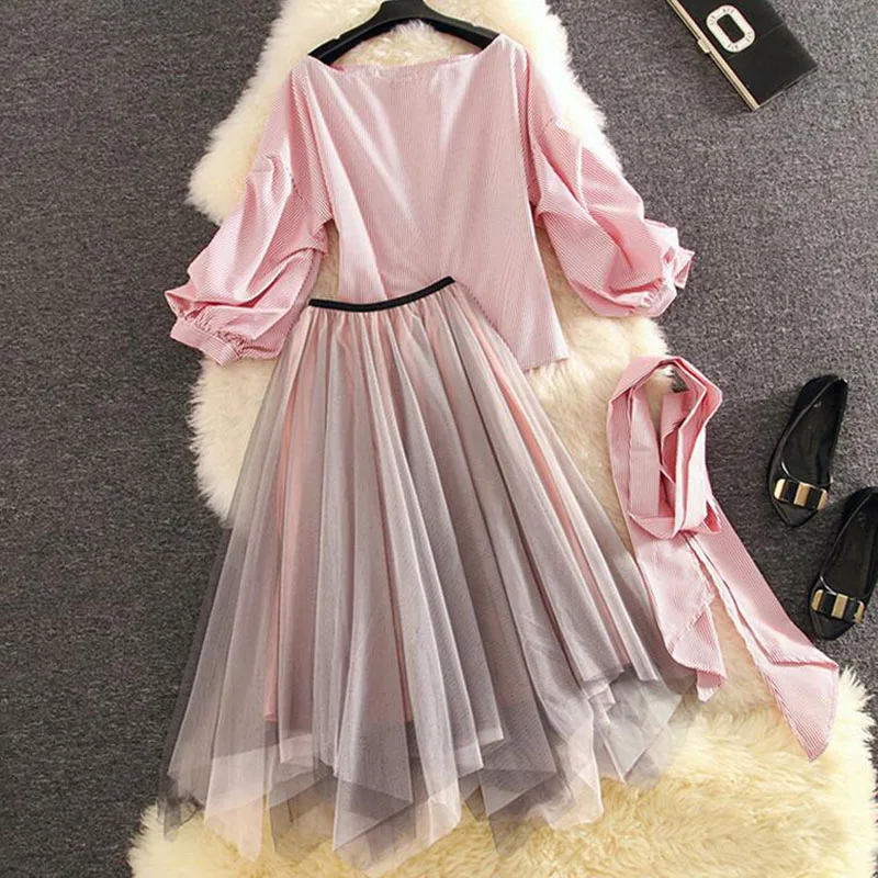 OLGITUM Vintage Spring Summer 2020 Lace Vestido Suit Elegant Mesh Long Midi Slim Pleated Set Women's Two-piece WS113 | Женская