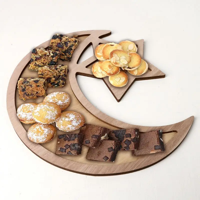 

1Set Rustic Wooden Crescent Moon Srar Eid Ramadan Party Food Serving Tableware Dessert Pastry Tray Display Holder Festival Decor
