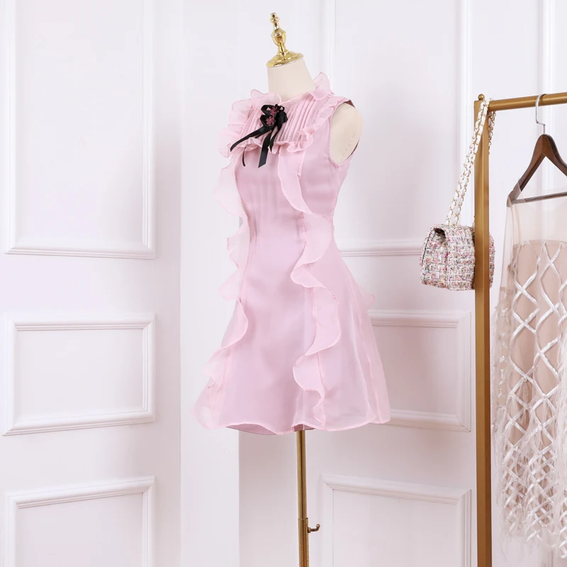 Новинка 2019 года летнее милое платье в стиле ретро с рюшами и розовым бантом |
