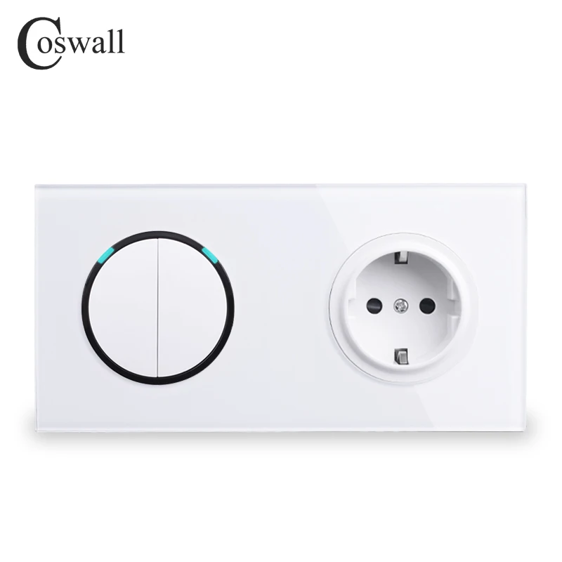 Coswall White Crystal Glass Panel 16A EU Russia Standard Wall Power Socket 2 Gang 1 Way On / Off Light Switch LED Indicator |