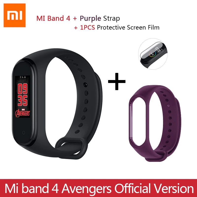 Add Purple Strap Новейший Xiaomi mi браслет 4 Мстители официальное издание Смарт mi Band 4 Мститель браслет Bluetooth 5,0 пульсометр фитнес - Цвет: Add Purple Strap