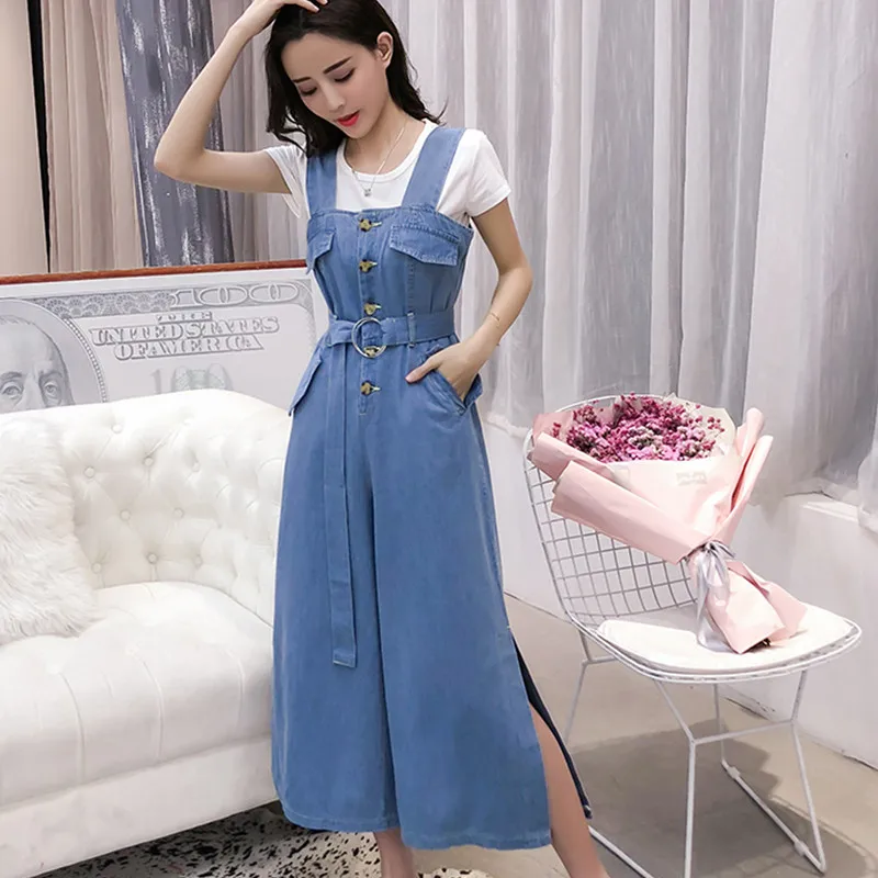 light Blue Qiukichonson широкие брюки свободные джинсы Повседневный джинсовый комбинезон женские летние комбинезоны со шнуровкой ремень однобортный Jag Hem - Цвет: light Blue