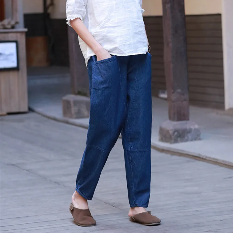 Женские джинсовые брюки с карманами Johnature повседневные однотонные прямые