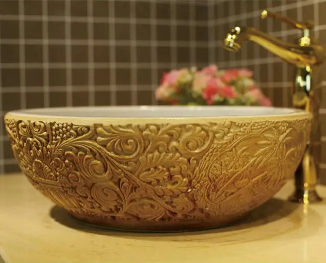 Керамическая раковина с глубоким тиснением круглая для ванной комнаты |